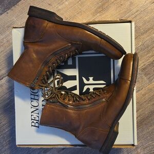 Frye Combat 9 Men 10.5 Women Cognac Tyler Double Zip & Box Brown Leather Boots